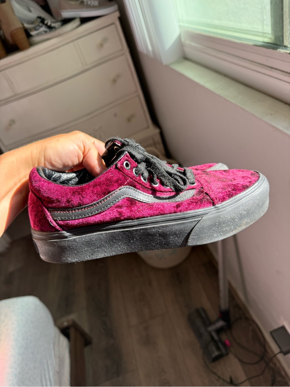 Vans Burgundy Velvet Old Skool Sneakers with Black Sole